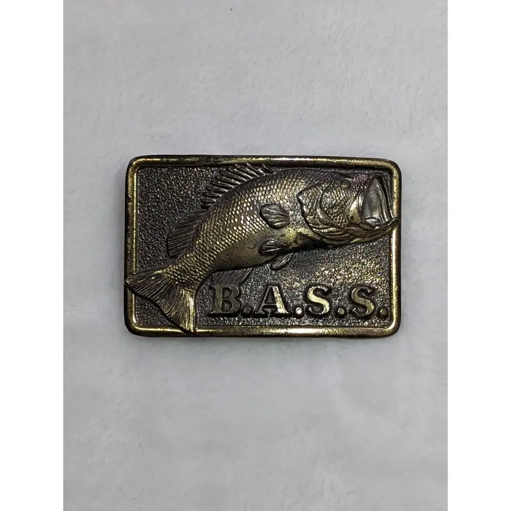 Vintage 80s BASS Belt Buckle Bass Anglers Sportsman Society Gold Metal Fishing